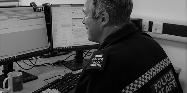 Male enquiry officer looking at computer screen