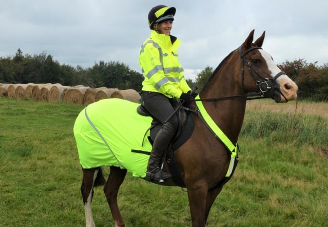 A volunteer in flouresent yellow sat on a horse