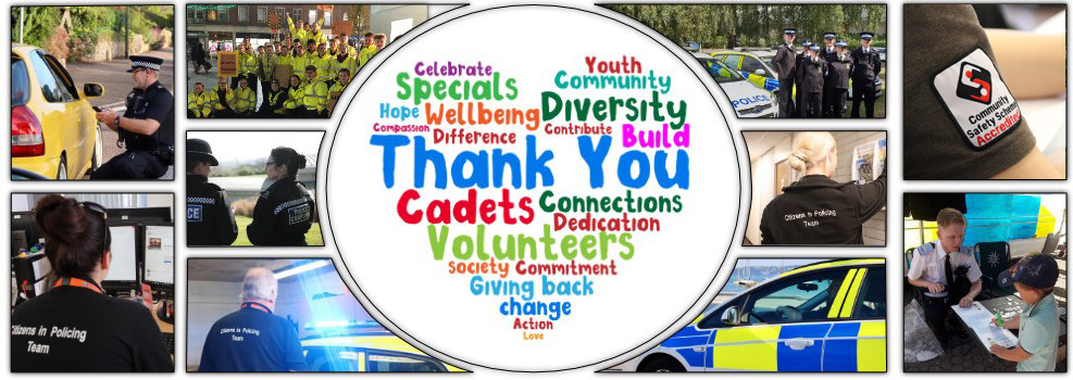 A montage of volunteers carrying out different jobs with a word cloud heart shaped thank you in the middle